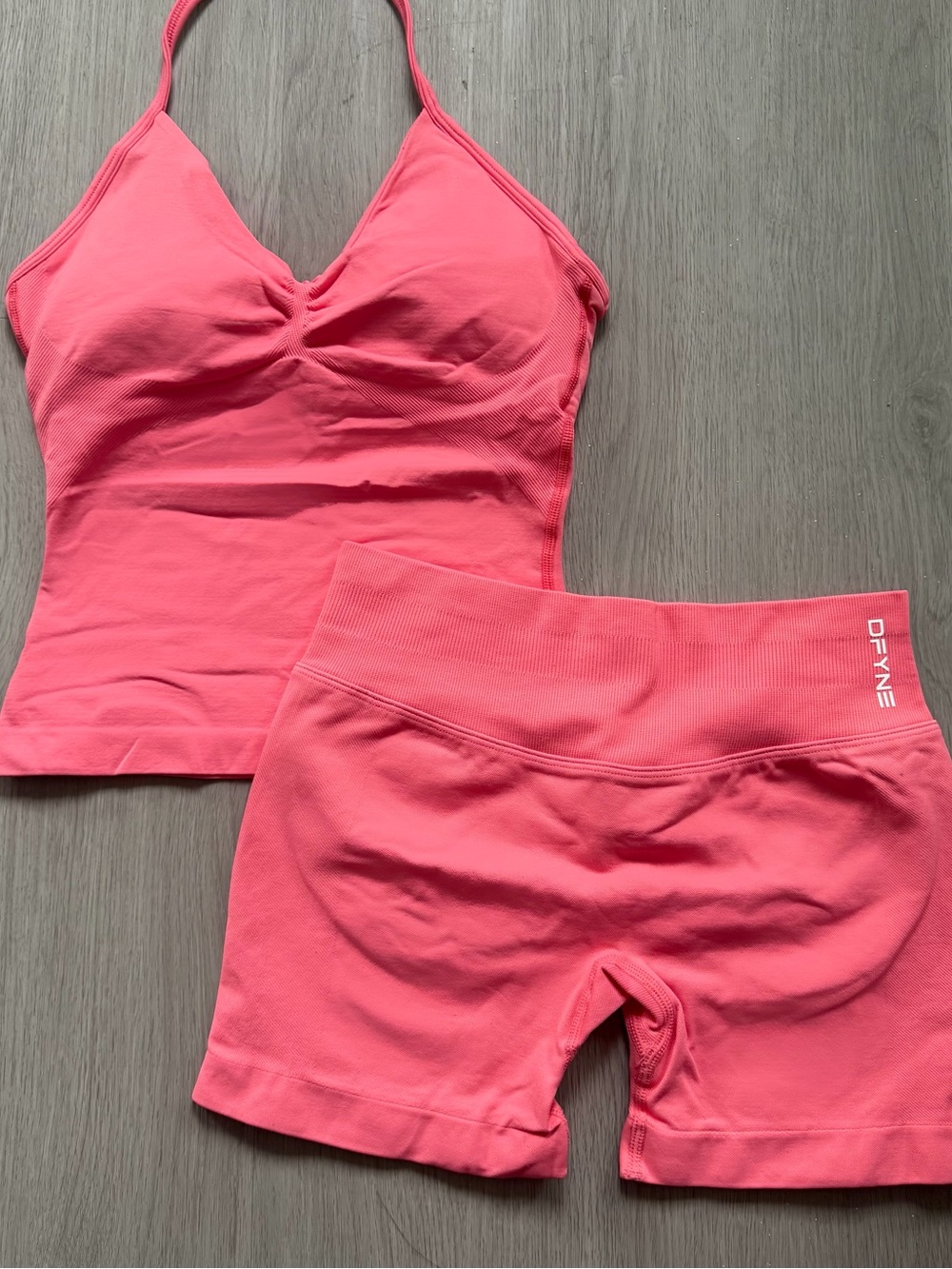 DFyne coral impact sports bra and shorts set
